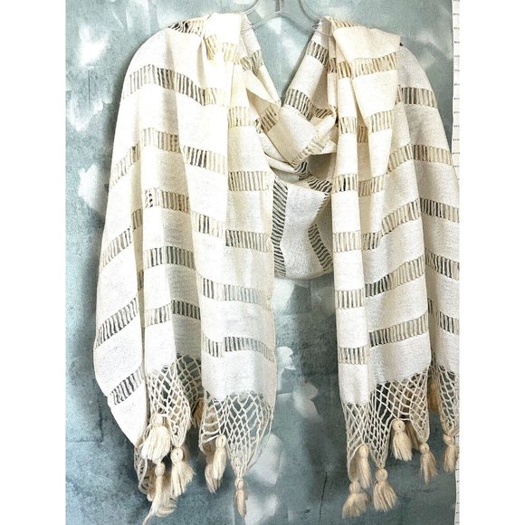 Simonetta Accessories - Bohemian Semi-Sheer Lacy Long Scarf Shawl Wrap Fringe Ivory Off-White